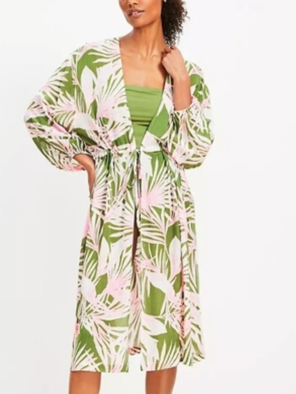 Green and Pink Leaf Print Kimono Robe